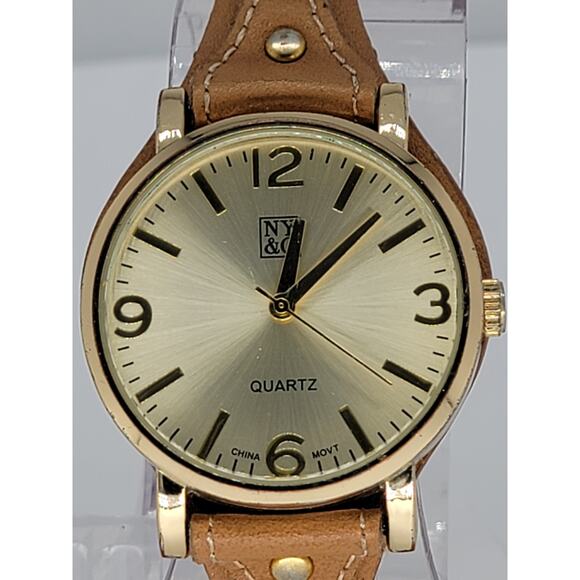 Stylish NY & Co Quartz Watch with Gold-Tone Dial and Brown Leather Strap